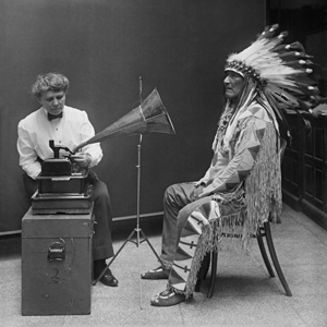 The Evolution of Voice and Music Recording Devices Frances Densmore recording Blackfoot chief Mountain Chief on a cylinder phonograph 1916